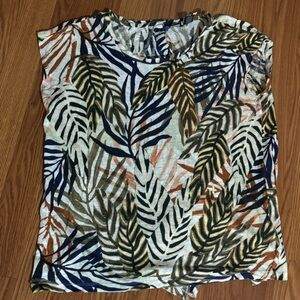 Tahari Leaf Tropical Print‎ Linen Short Sleeve Button Back Detail Size M Resort
